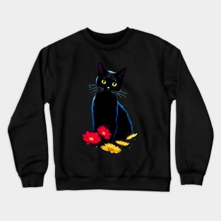 Black Cat with Red and Yellow Daisy Cat Lover Cat Owner Crewneck Sweatshirt